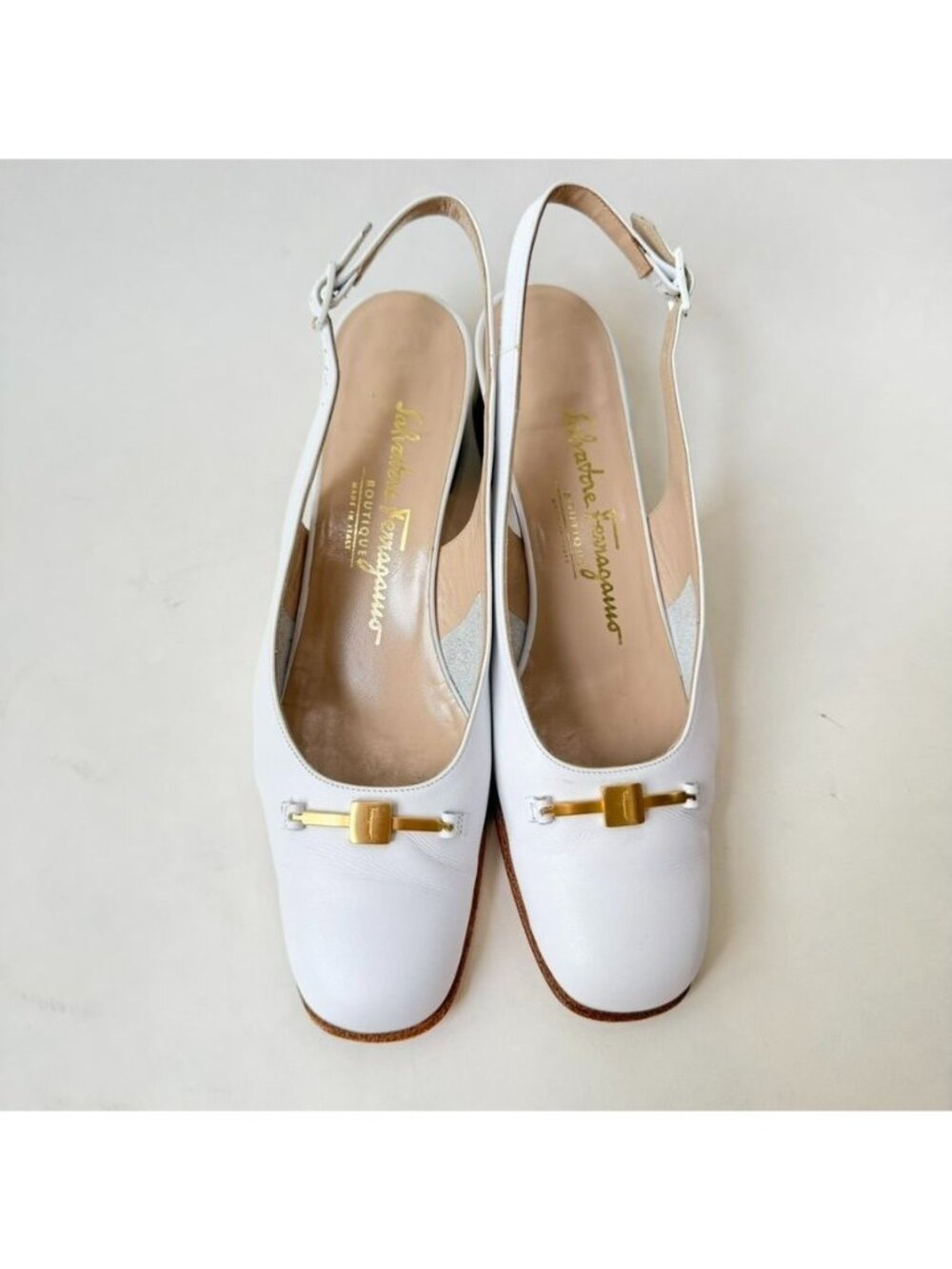 Salvatore Ferragamo Slingback Block Heel Pumps Womens Size 6.5AA White Leather - Picture 2 of 15